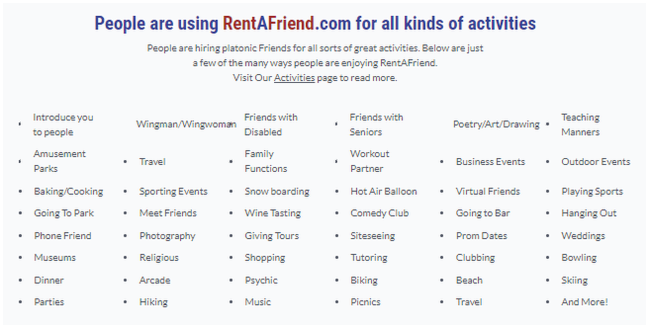 ejemplos de actividades en rentafriend